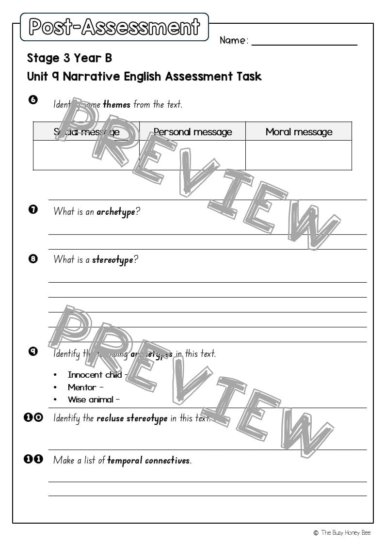 Stage 3 Year B English Pre- and Post-Assessment Unit 9 Narrative -