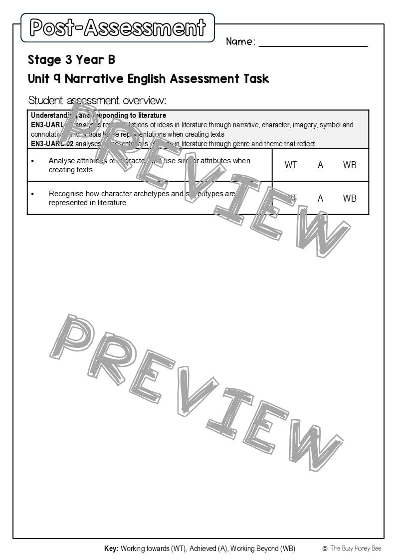 Stage 3 Year B English Pre- and Post-Assessment Unit 9 Narrative -