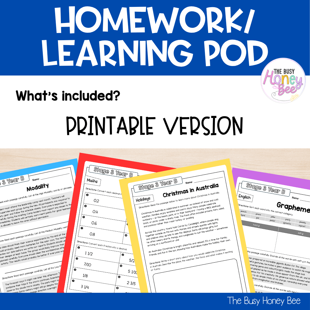 Stage 3 Year B Homework/Learning Pod 40 - Homework | Casual Teaching