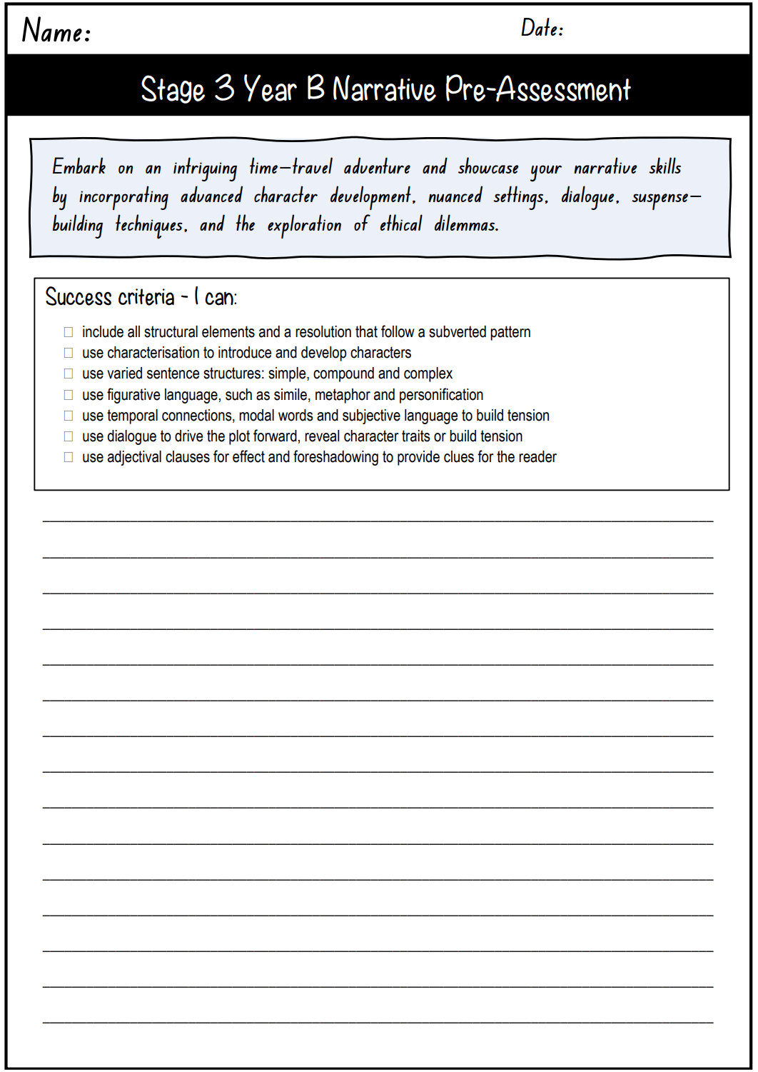 Stage 3 Year B Unit 9 Narrative Writing Pre-Assessment - Assessment