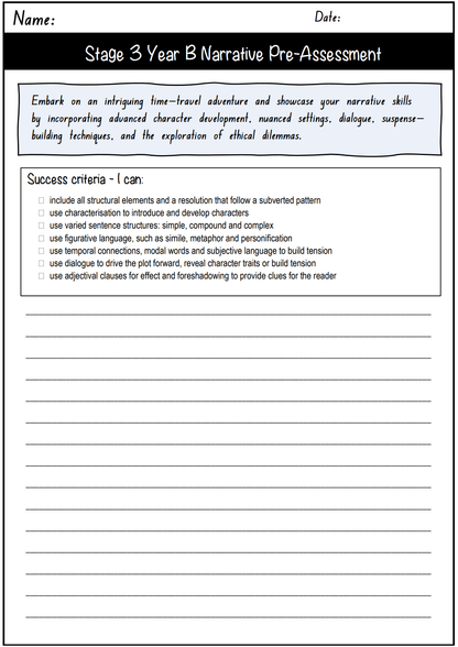 Stage 3 Year B Unit 9 Narrative Writing Pre-Assessment - Assessment