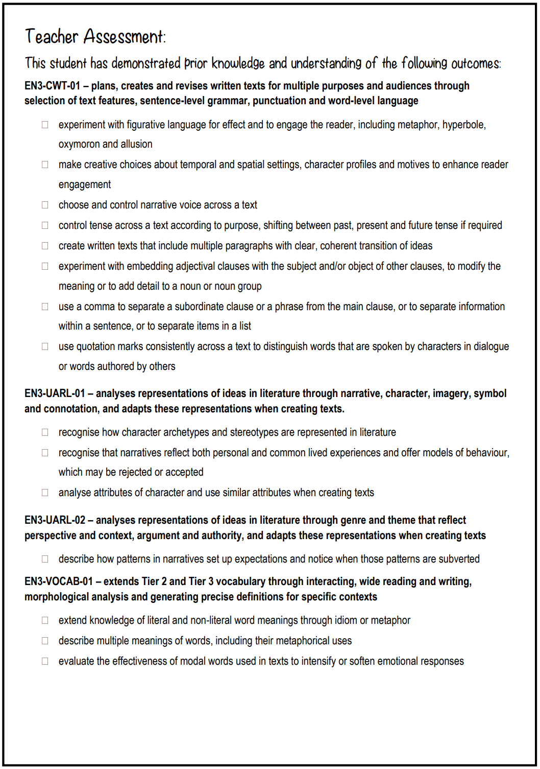 Stage 3 Year B Unit 9 Narrative Writing Pre-Assessment - Assessment